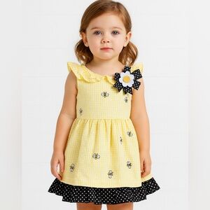 Counting Daisies Toddler Girl Yellow Gingham Bee Dress w/ Polka Dot Hem Size 3T